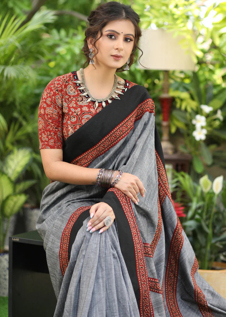 Slate Grey Handloom Cotton Saree