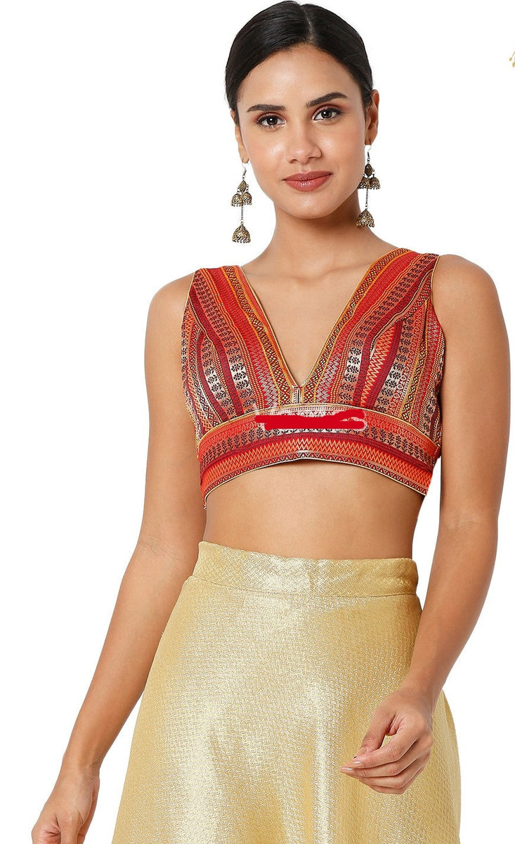 ShopBollyWear Gold Silk Padded Back Open Sleeveless Readymade Blouse - 38