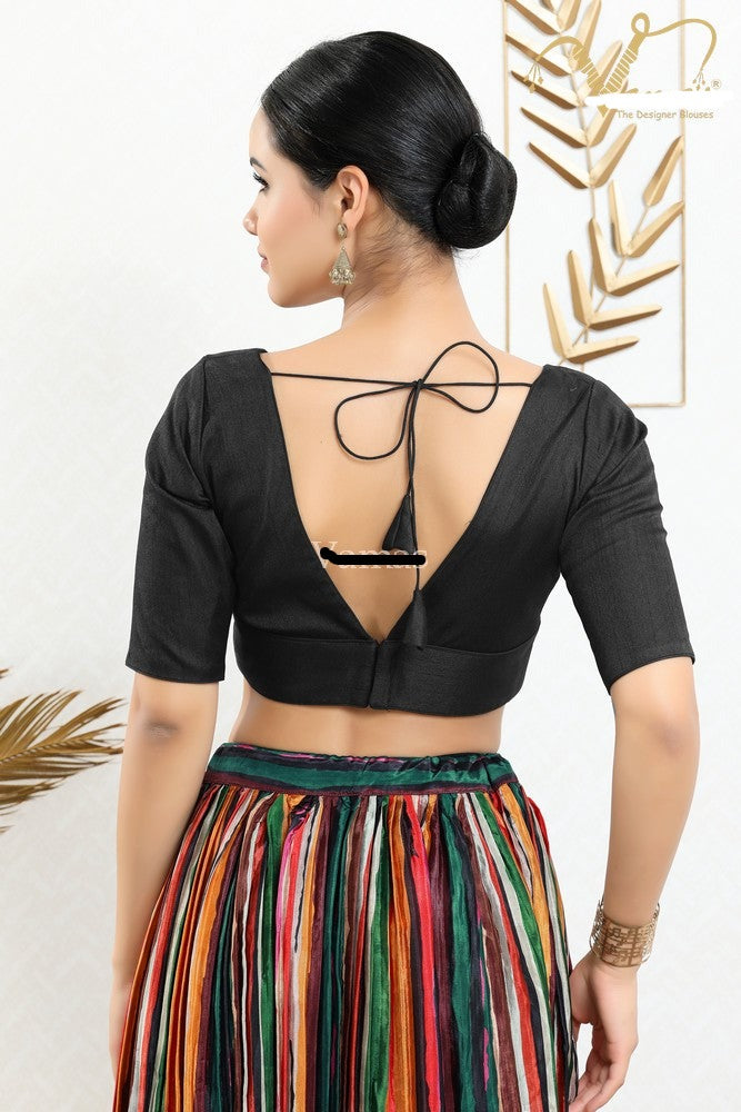 Black silk short sleev readymade saree blouse square neck deep back  openable from back side with hooks and padded