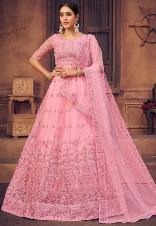 Embroidered Net Lehenga in Pink