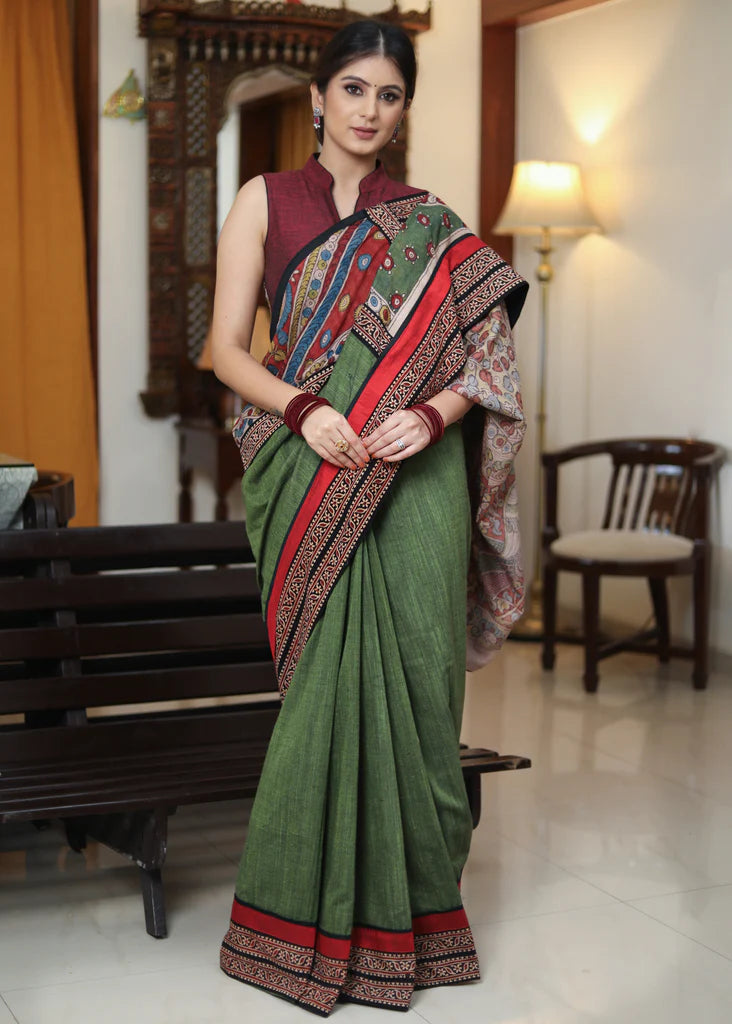 MOSS GREEN COTTON SAREE WITH KALAMKARI HAND PAINTED PALLU AND AJRAKH B ...