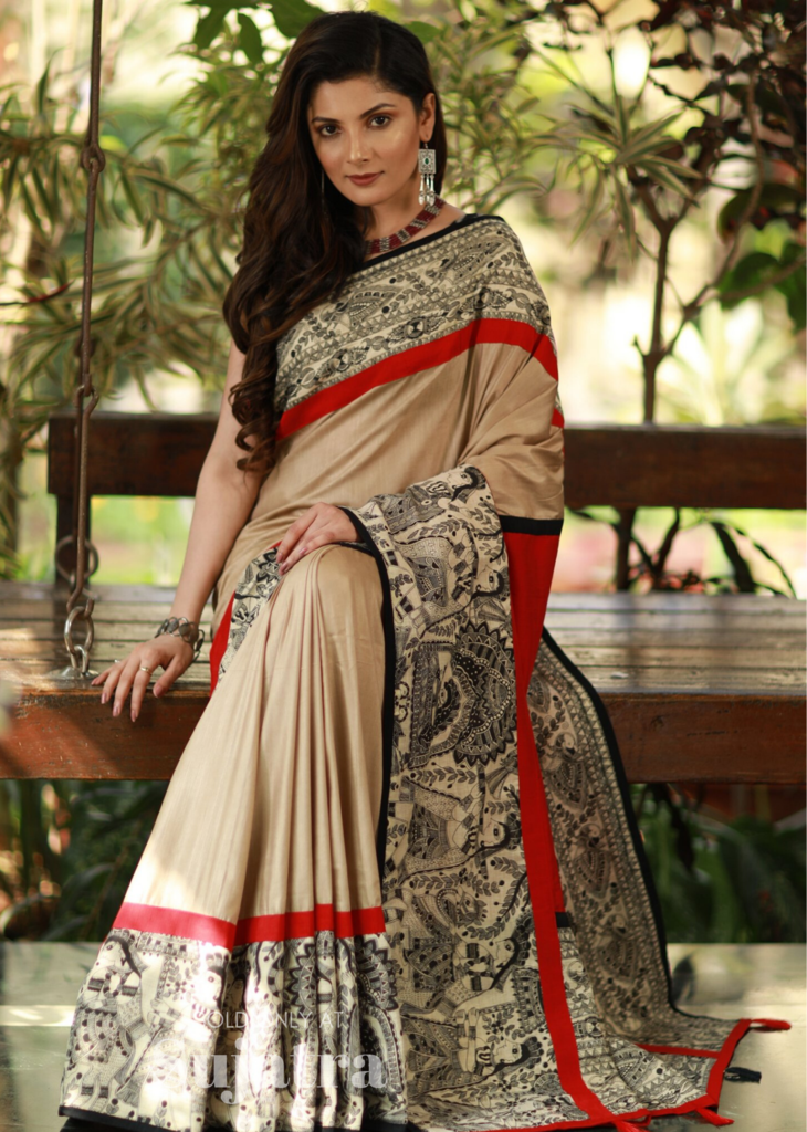 Women's Silk Blend Madhubani Printed Saree with Blouse Piece