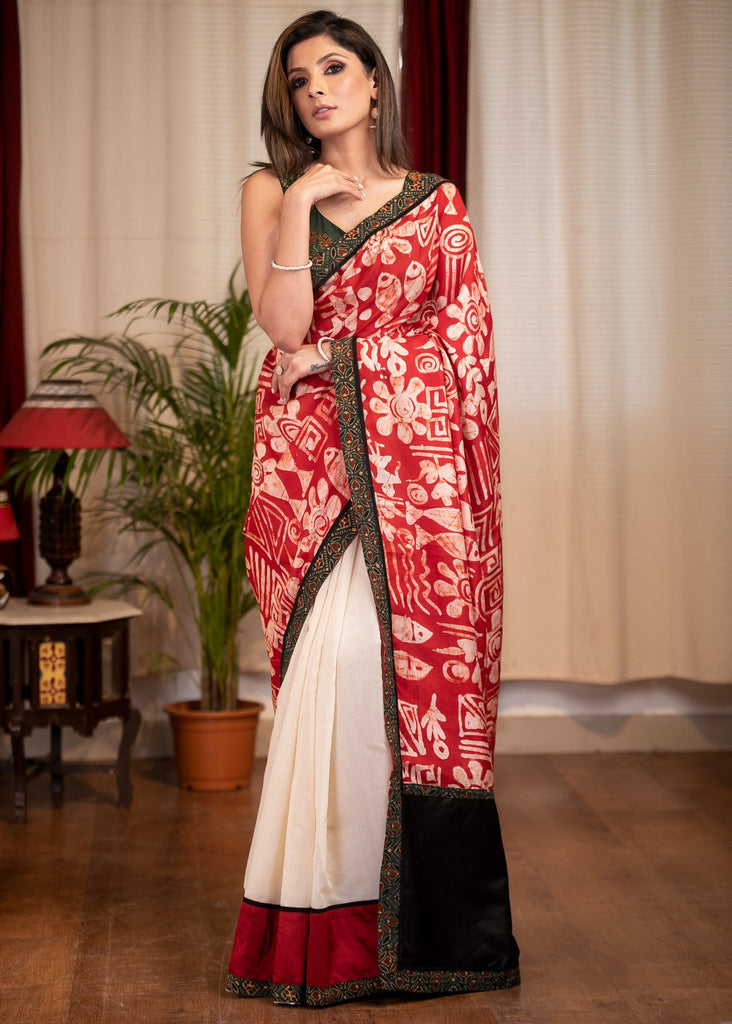 SILK BATIK BEIGE CHANDERI COMBINATION SAREE WITH AJRAKH BORDER ShopBollyWear.Com