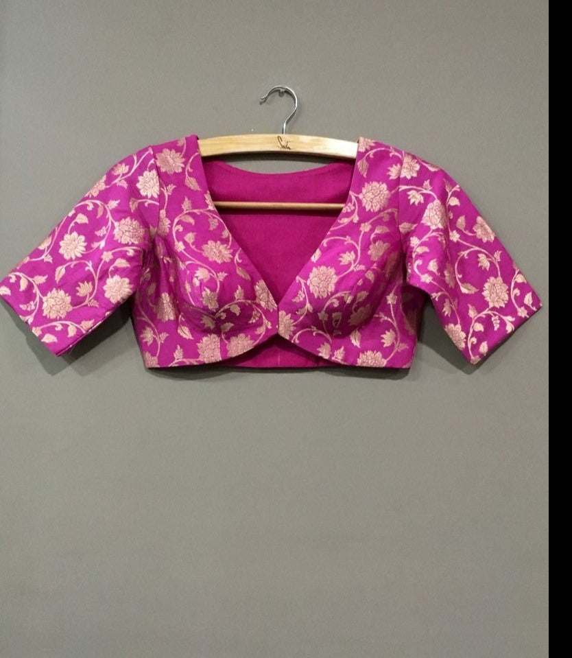 Brocade Boat Neck Blouse In Pink