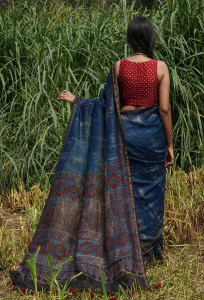 Indigo Blue Ajrakh Chanderi Silk Saree