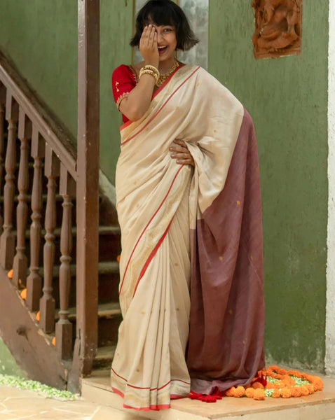 Off White Cotton Slub Saree With Jacquard Border & Tassels