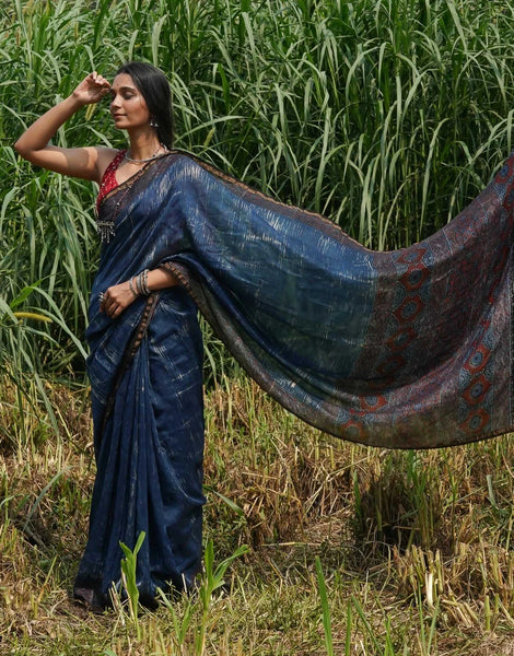 Indigo Blue Ajrakh Chanderi Silk Saree