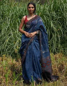 Indigo Blue Ajrakh Chanderi Silk Saree