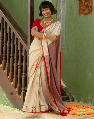 Off White Cotton Slub Saree With Jacquard Border & Tassels