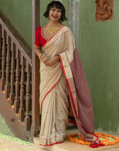 Off White Cotton Slub Saree With Jacquard Border & Tassels