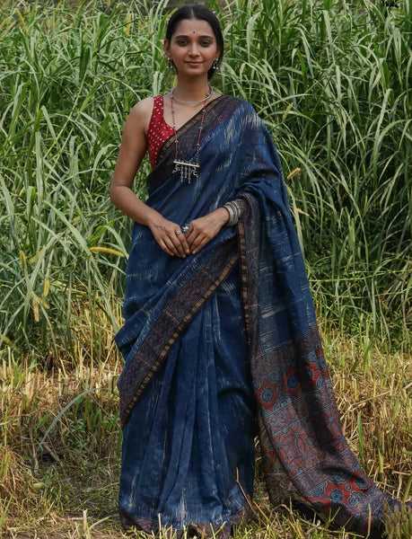 Indigo Blue Ajrakh Chanderi Silk Saree