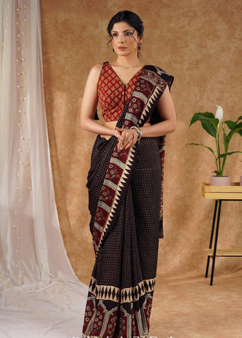 Modal Silk Ajrakh Hand Block Printed Black Saree