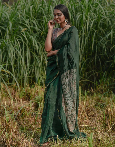 Olive Green Shibori Tie Dye Chanderi Silk Saree