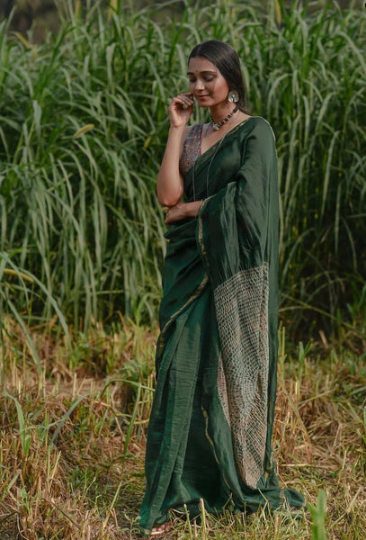 Olive Green Shibori Tie Dye Chanderi Silk Saree