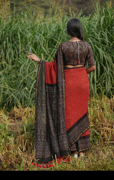 Red And Black Chanderi Silk Bandhani Ajrakh Saree With Tassels