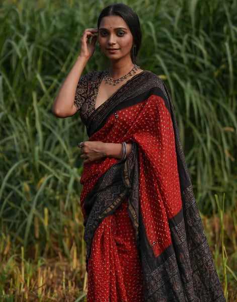 Red And Black Chanderi Silk Bandhani Ajrakh Saree With Tassels