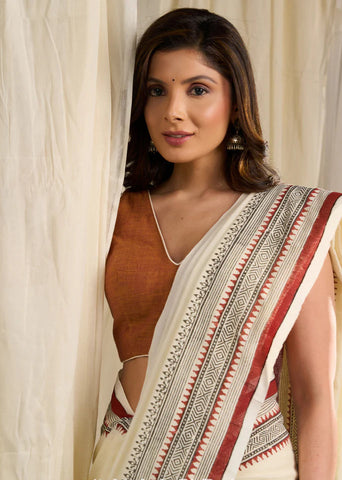 Off-white Hand Block Print Saree