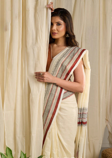 Off-white Hand Block Print Saree