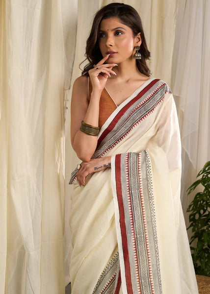 Off-white Hand Block Print Saree