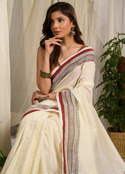 Off-white Hand Block Print Saree