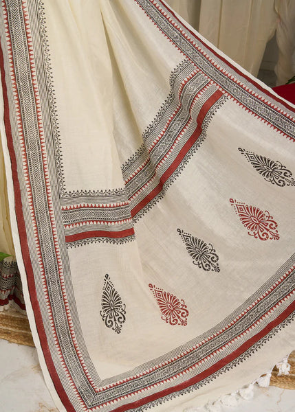 Off-white Hand Block Print Saree