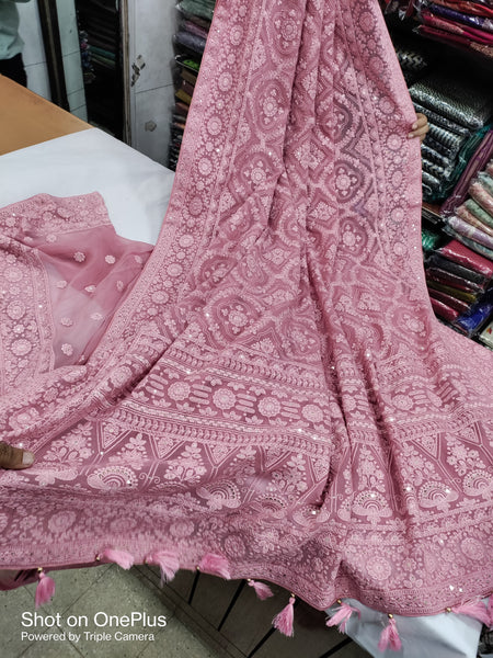 Coral Pink Chiffon Saree with Lucknowi Chikankari Work