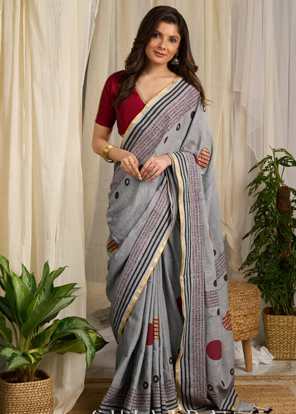 Grey and Maroon Cotton Block Print Saree