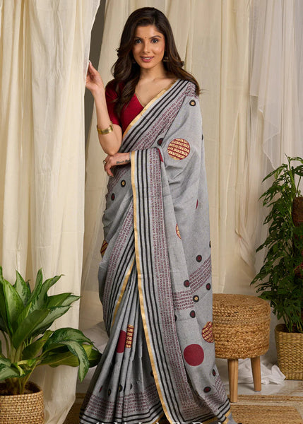 Grey and Maroon Cotton Block Print Saree