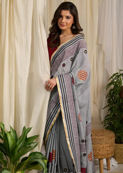 Grey and Maroon Cotton Block Print Saree