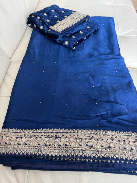 Deep Midnight Blue Satin Mukesh Work Saree with Antique Zari Embroidery