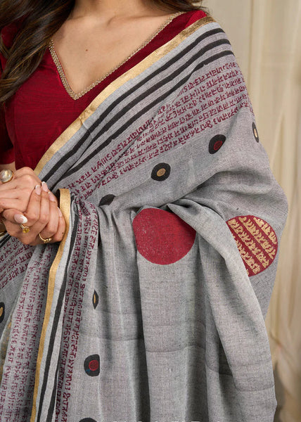 Grey and Maroon Cotton Block Print Saree