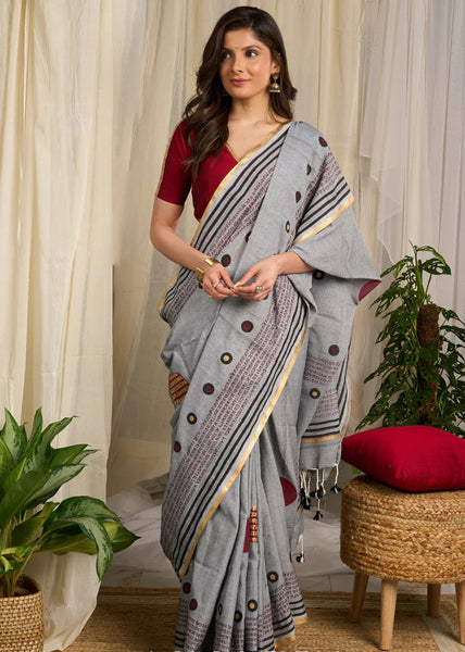 Grey and Maroon Cotton Block Print Saree