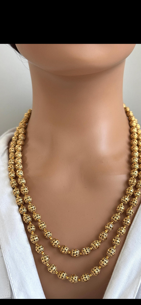 Double Layered Gold Matar Mala Necklace Strand with Earrings