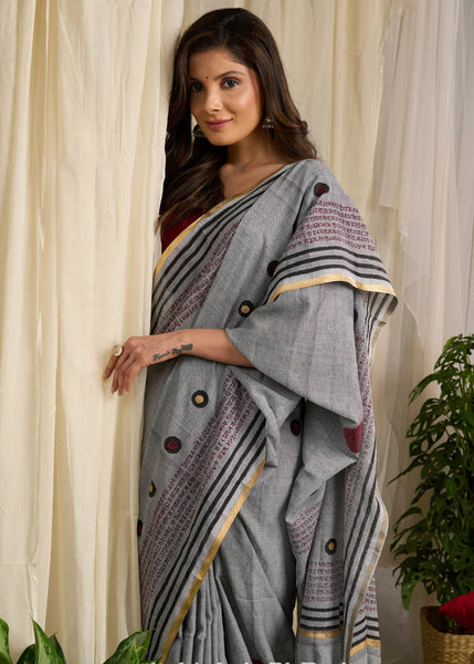 Grey and Maroon Cotton Block Print Saree