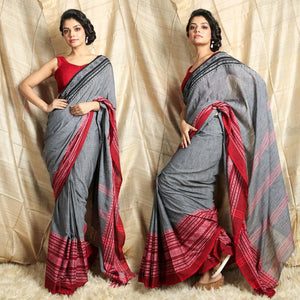 Grey Ganga Jamuna Red and Black DHANIAKHALIA Pure Cotton Saree