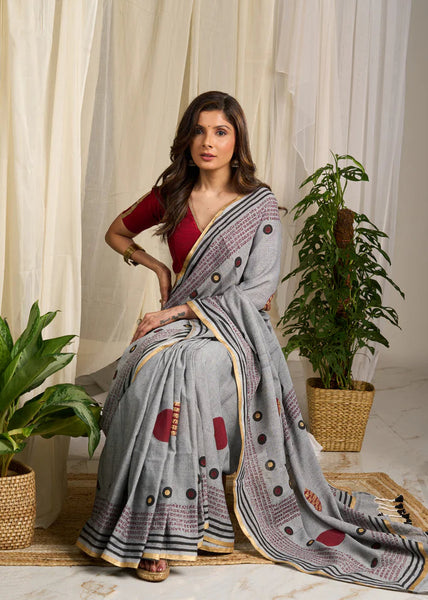 Grey and Maroon Cotton Block Print Saree