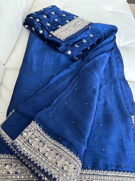 Deep Midnight Blue Satin Mukesh Work Saree with Antique Zari Embroidery