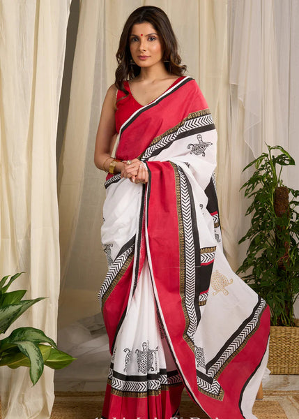 Red & White Hand Block Print Turtle Saree