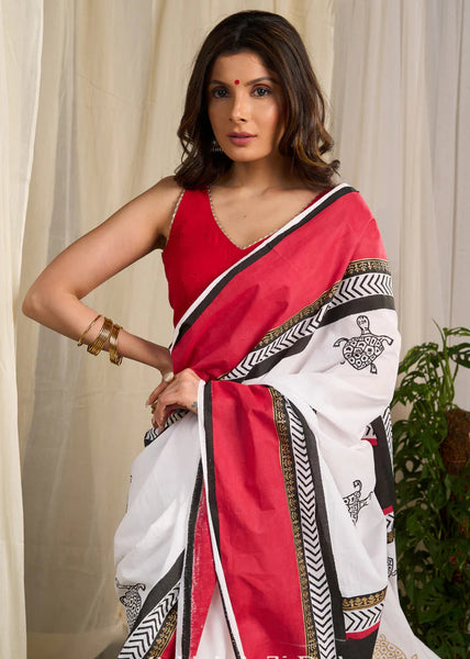 Red & White Hand Block Print Turtle Saree