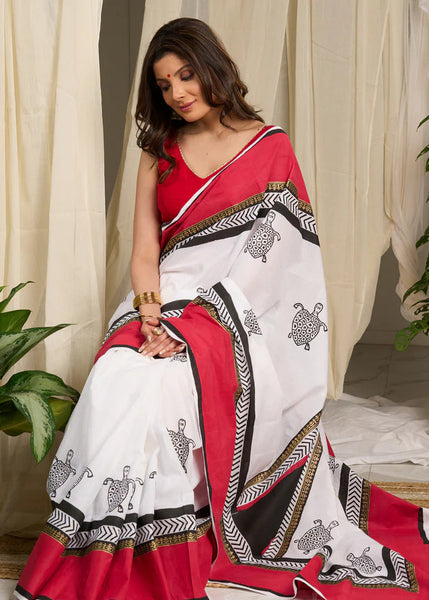 Red & White Hand Block Print Turtle Saree