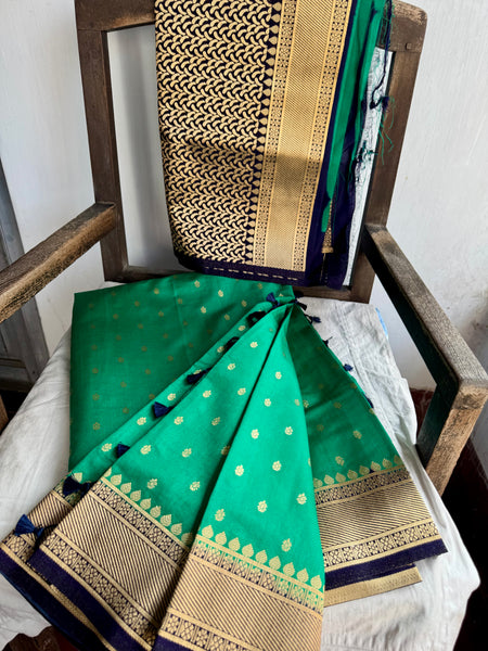 Green and Navy Blue Tussar Silk Saree