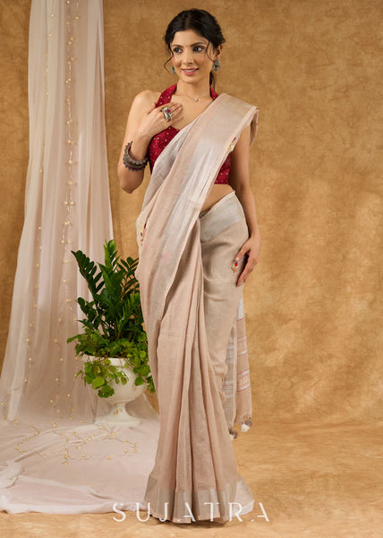 Pure Linen Hand Embroidered Saree With Floral Motifs