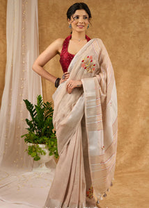 Pure Linen Hand Embroidered Saree With Floral Motifs