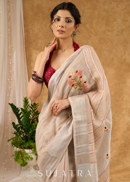 Pure Linen Hand Embroidered Saree With Floral Motifs