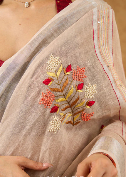 Pure Linen Hand Embroidered Saree With Floral Motifs