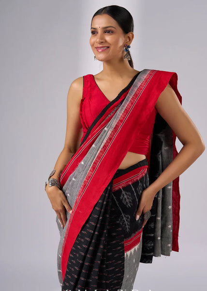 GREY IKAT AND BLACK AND RED COMBINATIONAL IKAT SAREE