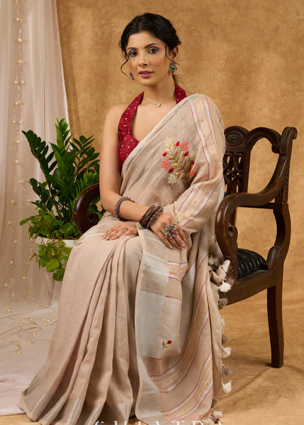 Pure Linen Hand Embroidered Saree With Floral Motifs