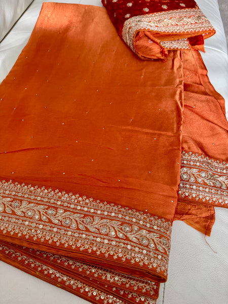 Orange Satin Mukaish Work Saree with Antique Zari Embroidery