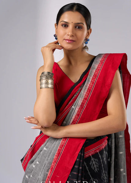 GREY IKAT AND BLACK AND RED COMBINATIONAL IKAT SAREE