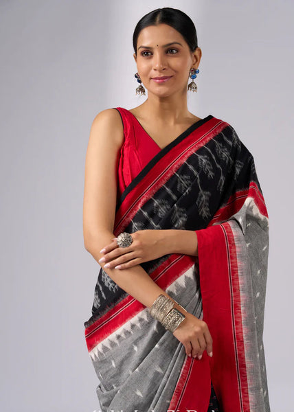 GREY IKAT AND BLACK AND RED COMBINATIONAL IKAT SAREE